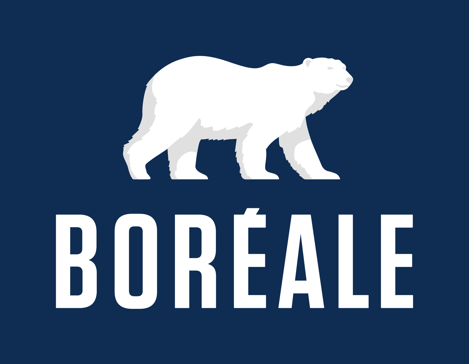 Silhouette of a white polar bear walking on a dark navy background, with large bold white text partially visible below.