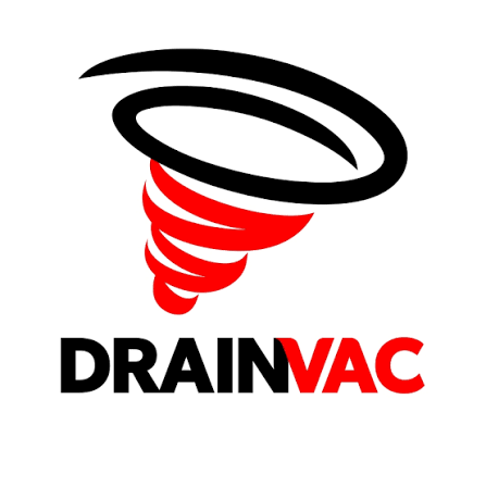 Logo for DrainVac: a stylized black tornado icon above the bold text 'DRAINVAC', with 'DRAIN' in black and 'VAC' in red.