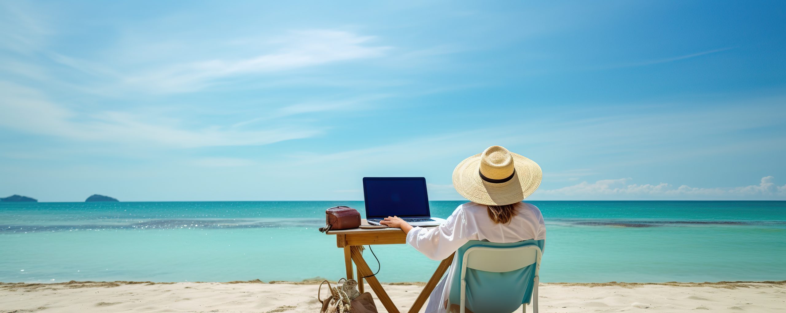 woman-working-remotely-laptop-while-enjoying-serene-beach - Vantree - Vantree Person wearing a wide-brim hat sits at a beachside table with a laptop, working as turquoise waves lap the shore behind them.