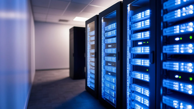 Rows of illuminated server racks in a data center hallway with blue LED lights.